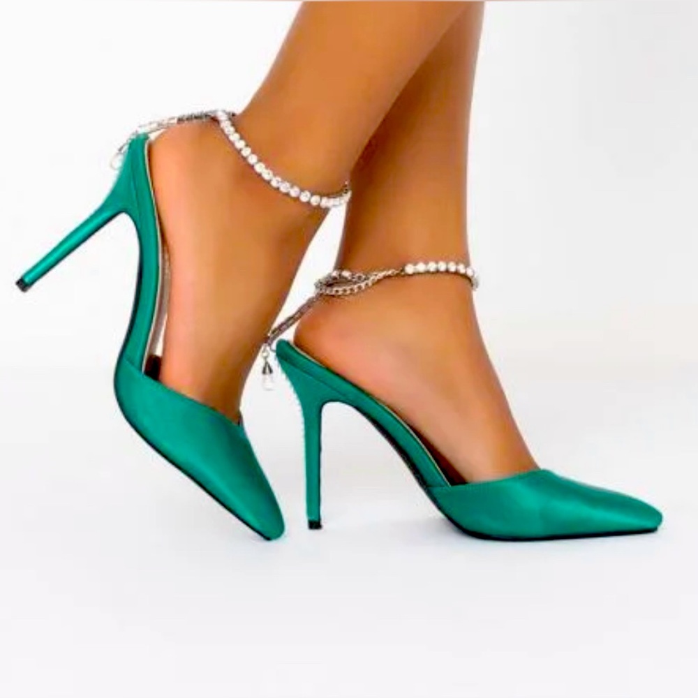 Green Satin and Rhinestone Heels